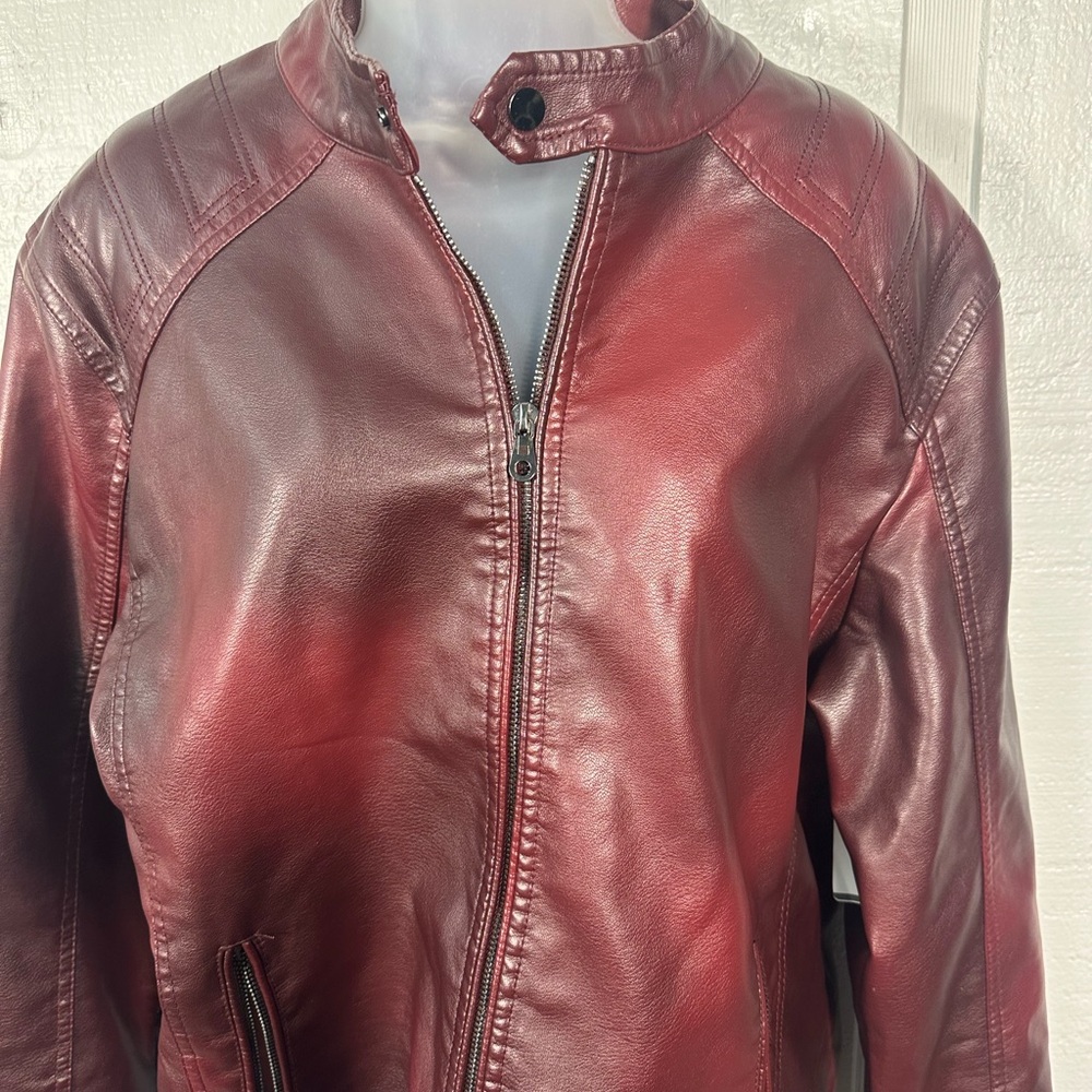 Burgundy Faux Leather Bomber Jacket No Size See Measurements EUC - Picture 3 of 11